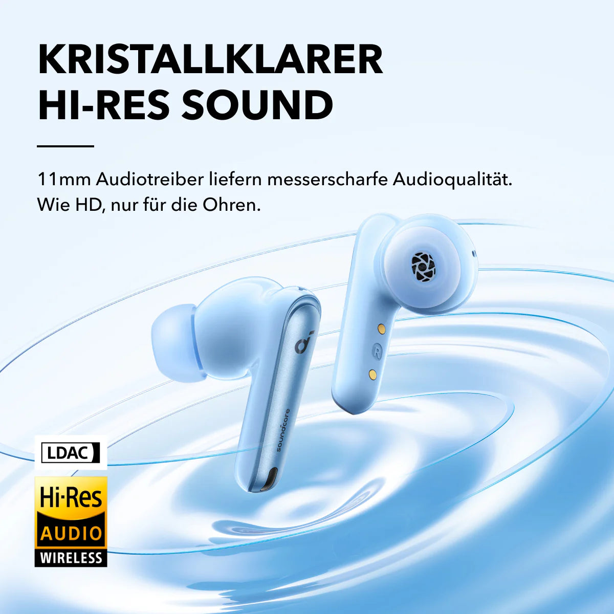 Zwei blaue Ohrhörer. Text: Kristallklarer Hi-Res-Sound. 11mm Audiotreiber.
