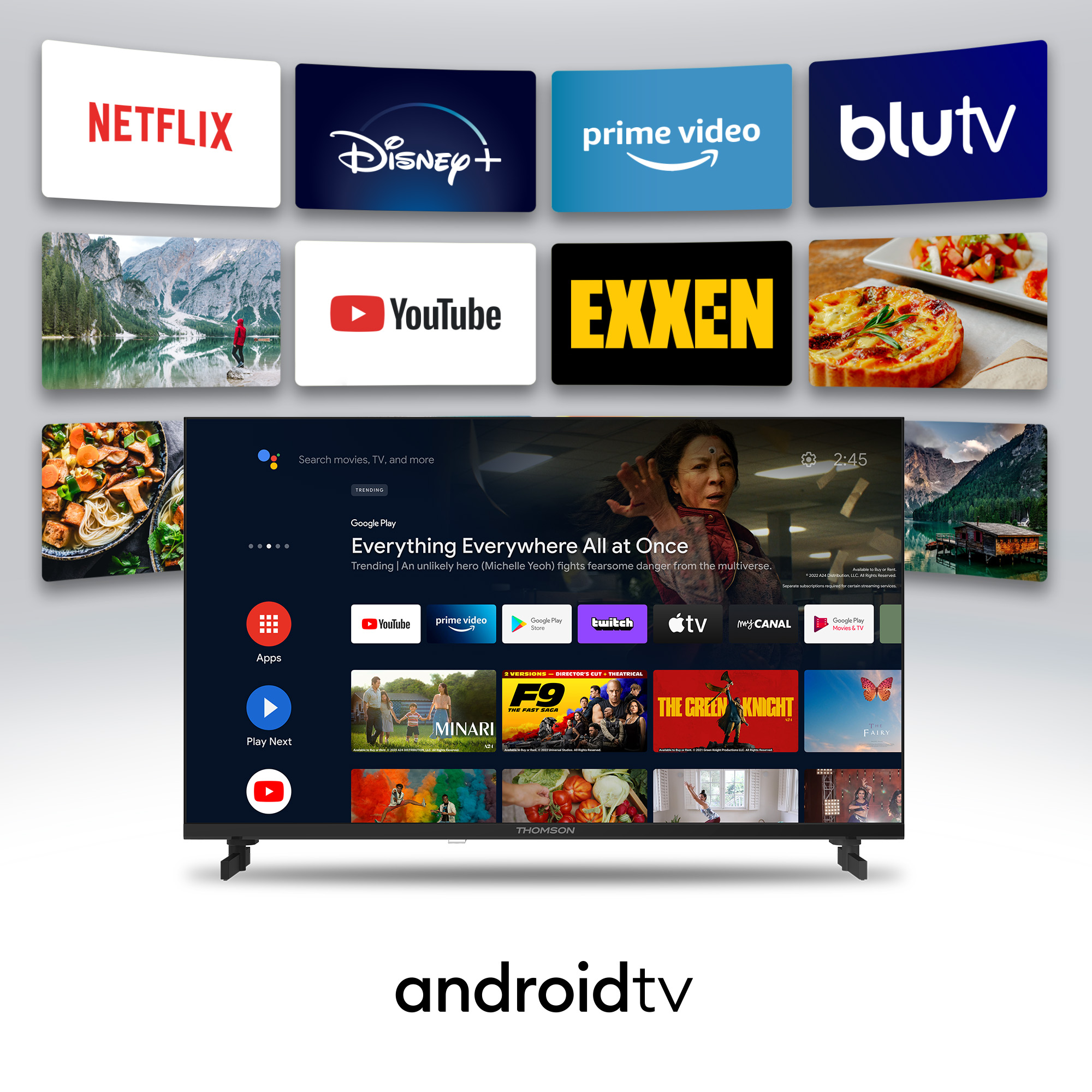 Netflix ve Disney+ dahil olmak üzere uygulamalar ve içerik simgeleriyle TV ekranı. Siyah çerçeve.