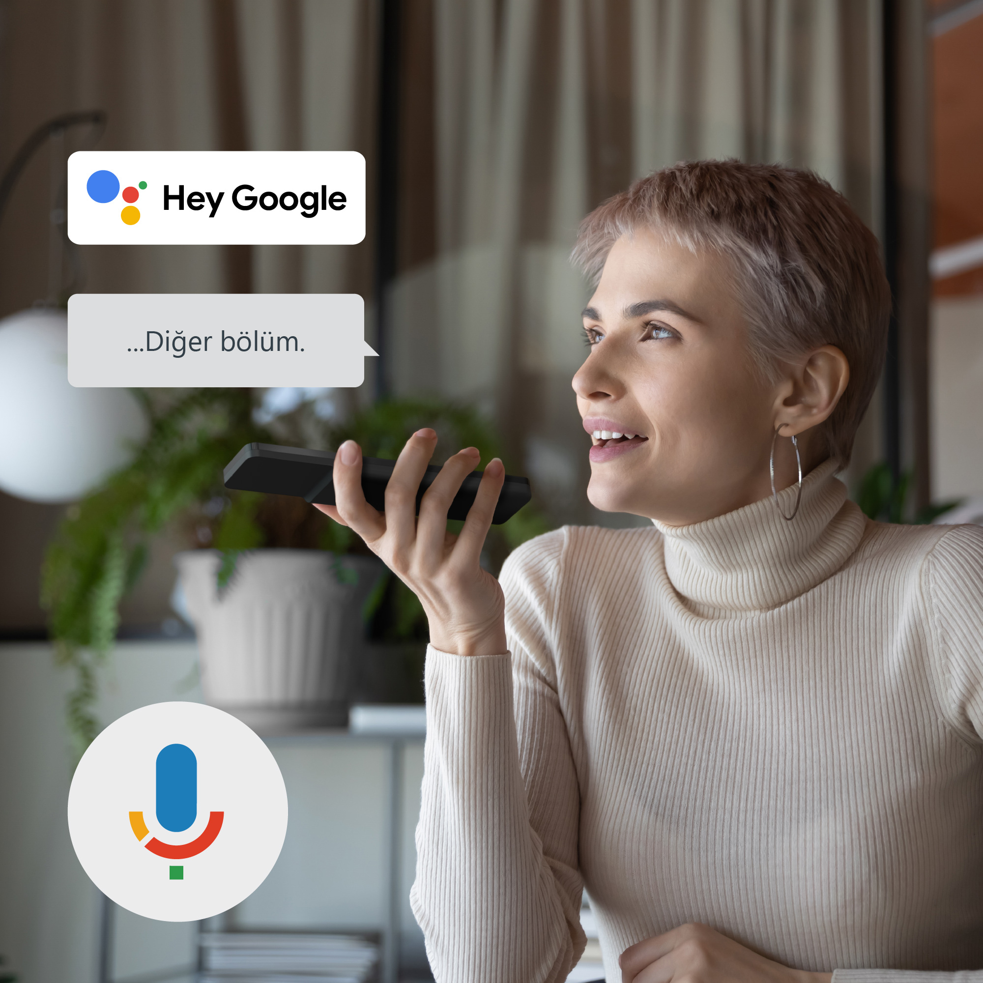 Bir kadın telefonla konuşuyor, Google Asistan logosu ve bir konuşma balonuyla.