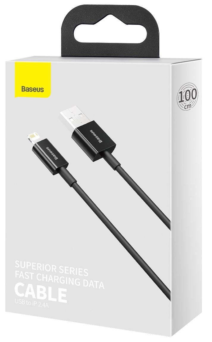 Egy fehér és sárga doboz fekete USB-Lightning kábellel, specifikációkkal.