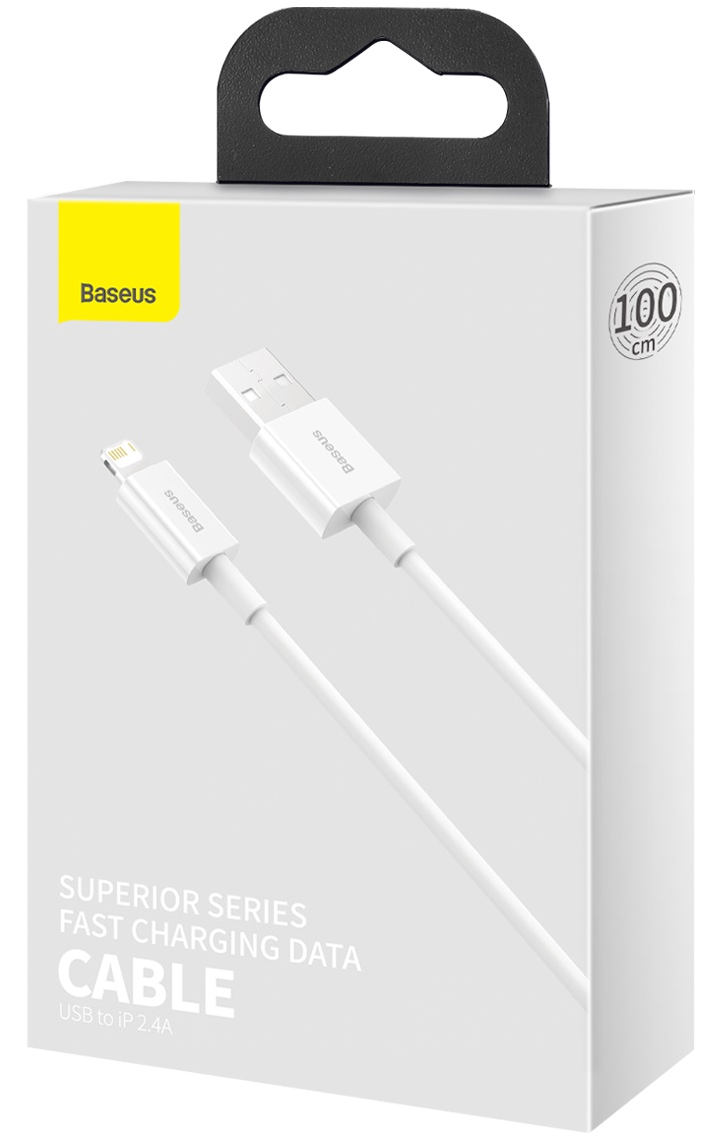 Fehér Baseus USB-IP 2.4A kábel csomagolásban. A dobozon lévő szöveg a kábelt írja le.