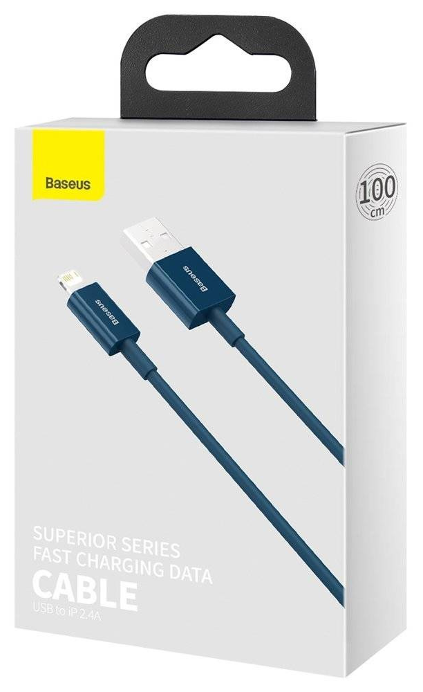 Kék USB-A-Lightning kábel fehér dobozban. A dobozon Baseus logó és akasztó hurok.