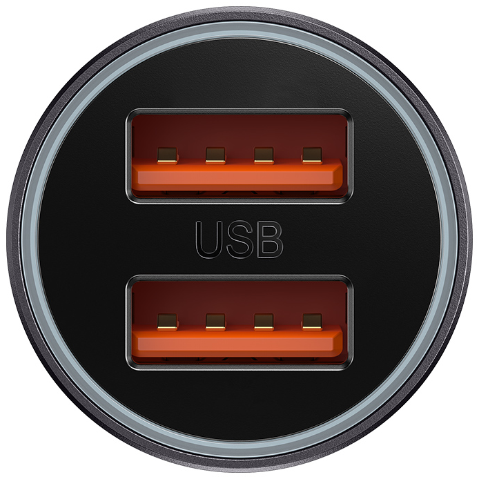Autós töltő két USB porttal. A közepén USB felirat, narancssárga díszítéssel.