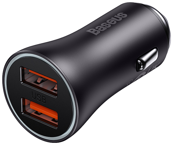 Fekete autós töltő két USB porttal. Baseus márkanév a tetején.