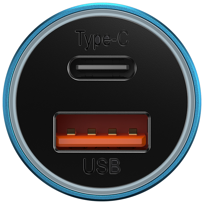 Közelkép egy autós töltőről Type-C és USB portokkal. Kék, fekete részletekkel.