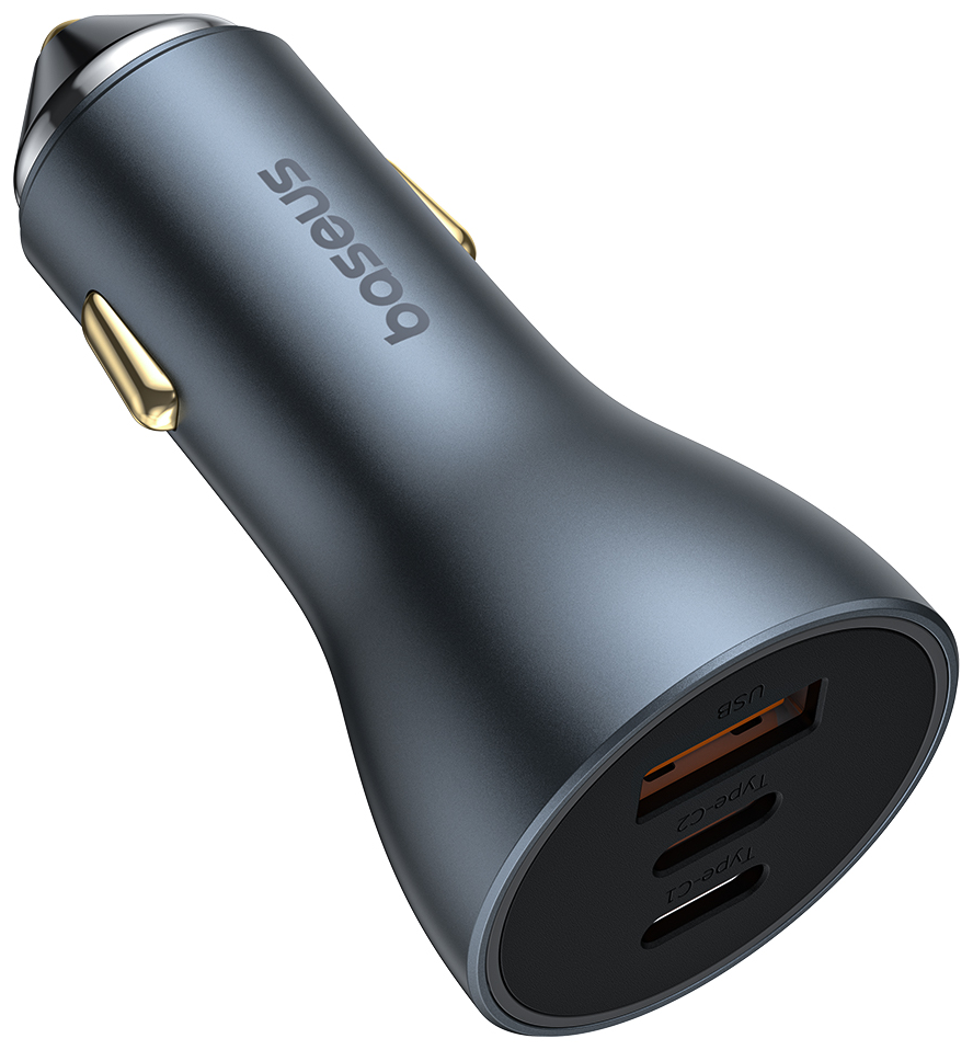 Egy autós töltő két USB porttal és egy elegáns, sötétszürke felülettel.