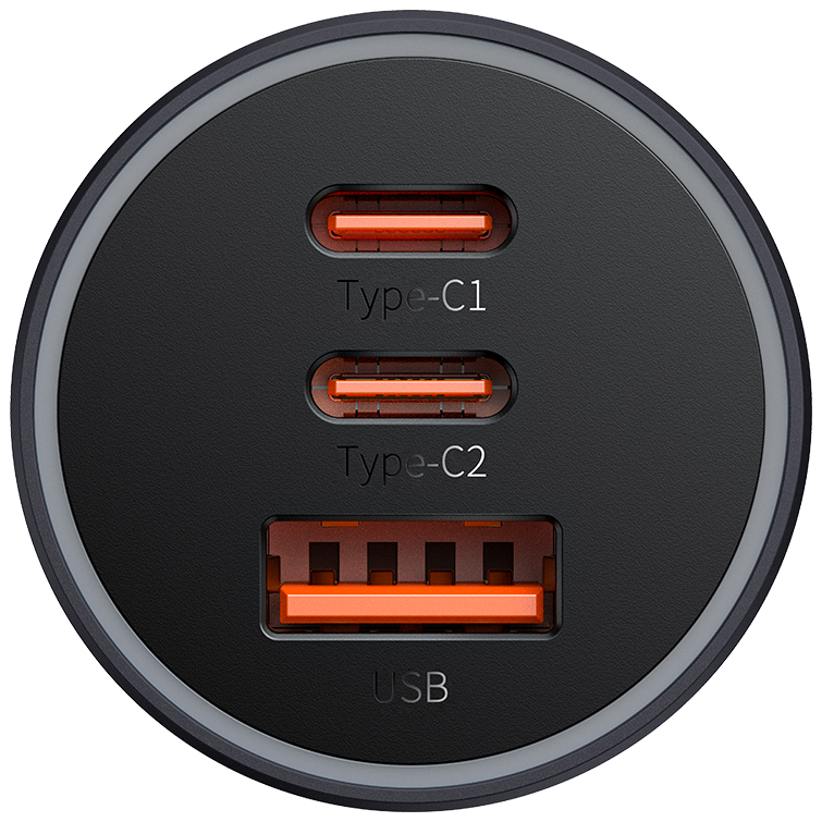Fekete USB töltő három porttal: Type-C1, Type-C2 és USB. Narancssárga elemek.