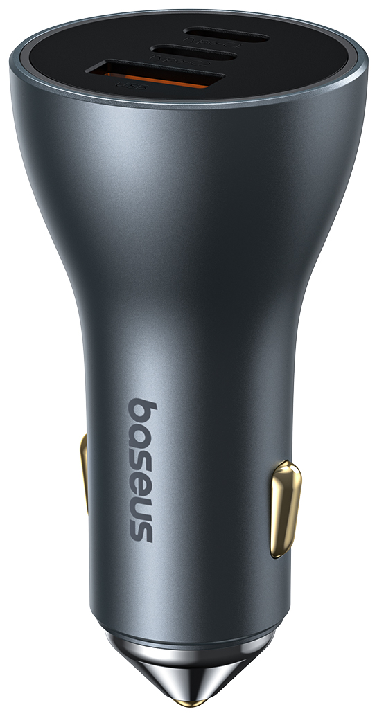 Fekete-szürke autós töltő két USB porttal, és egy fényes fém heggyel.