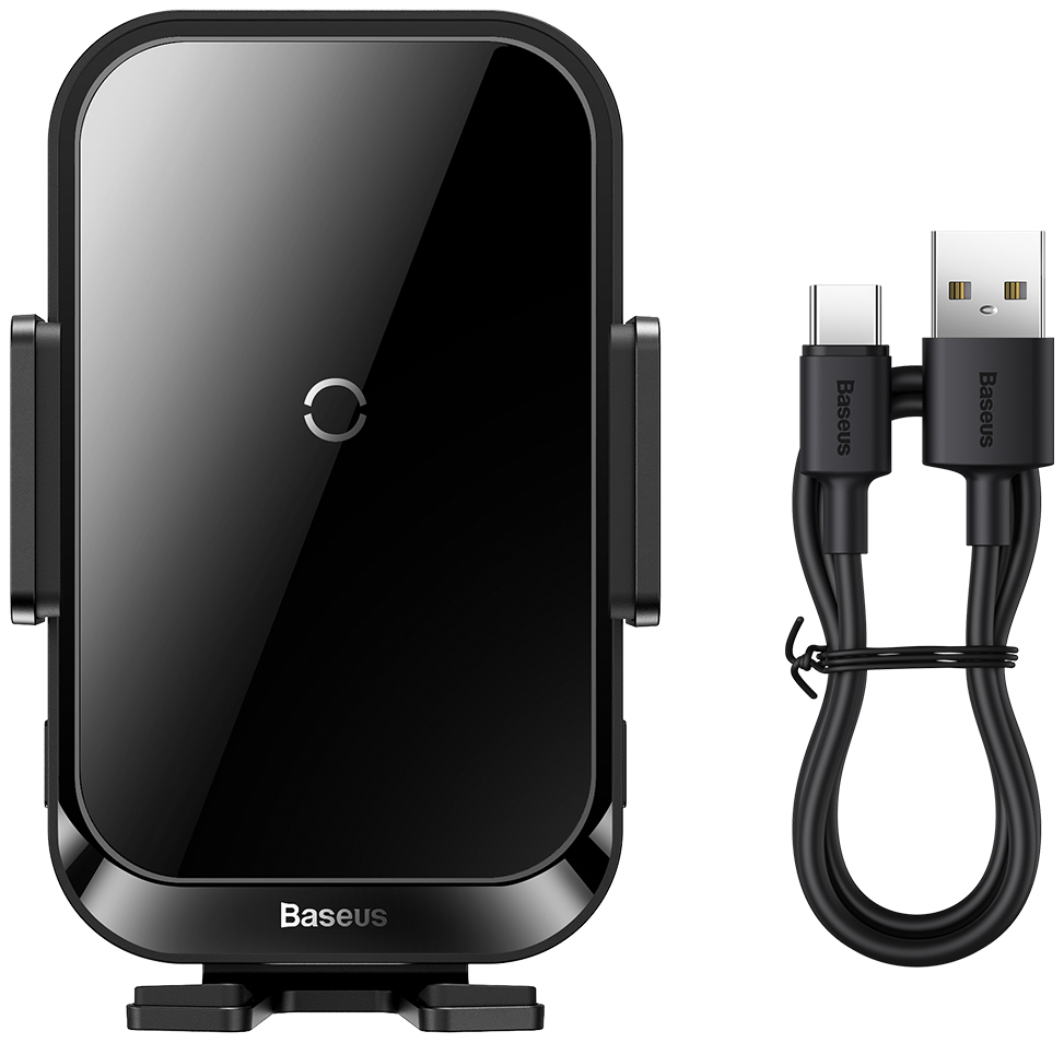 Fekete Baseus telefontöltő ívelt tartóval és USB kábellel. A kábel C típusú és USB csatlakozókkal rendelkezik.