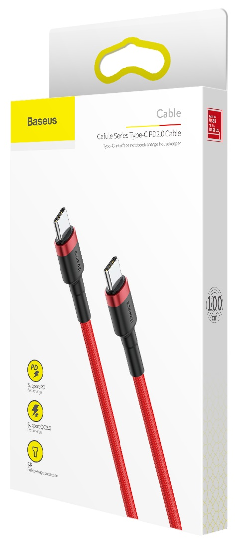 Piros és fekete Baseus kábel. Fehér csomagolás. Szöveg: Type-C PD2.0 kábel.