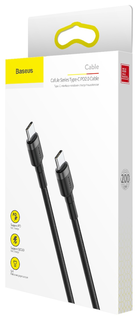 Fehér doboz fekete USB-C kábellel és Baseus márkajelzéssel.