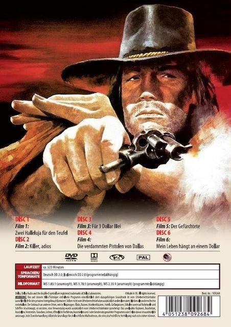Die Rückseite einer DVD, die einen Mann mit einer Waffe und Details der DVD zeigt.