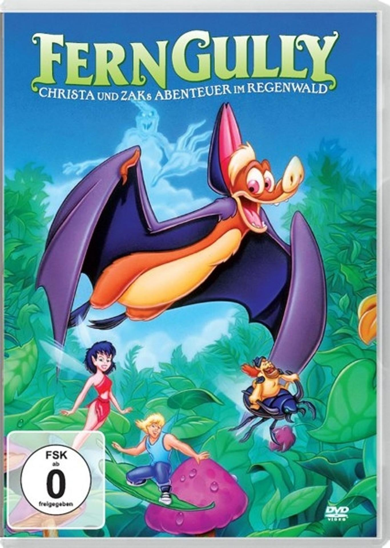 FernGully-DVD-Cover. Charaktere aus dem Film sind auf dem Cover. Grüner Wald.