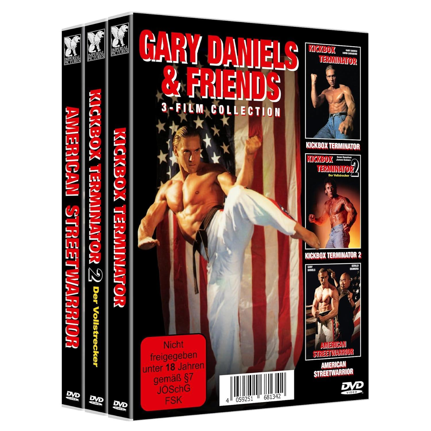 Eine Sammlung von DVD-Hüllen für die 'Gary Daniels & Friends' 3-Film-Sammlung, mit Action-Film-Stills.