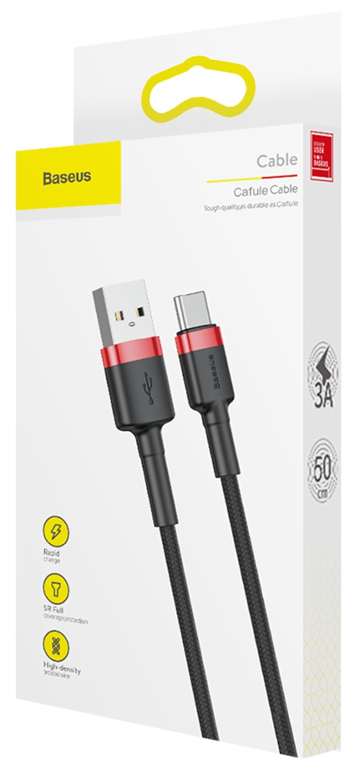 USB-A - USB-C töltőkábel fehér és piros Baseus dobozban.
