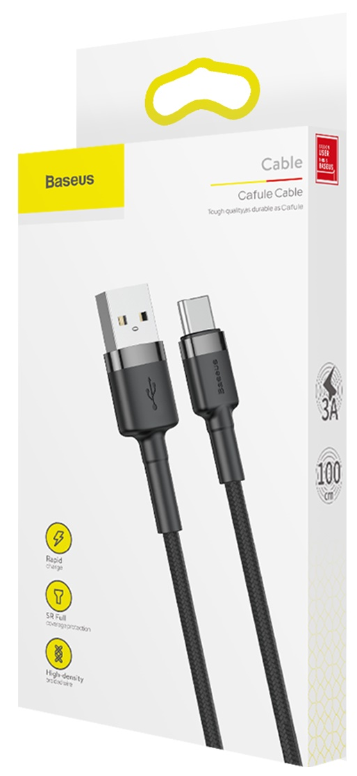 Fehér és sárga Baseus kábel doboz, fekete USB-A-USB-C kábellel.