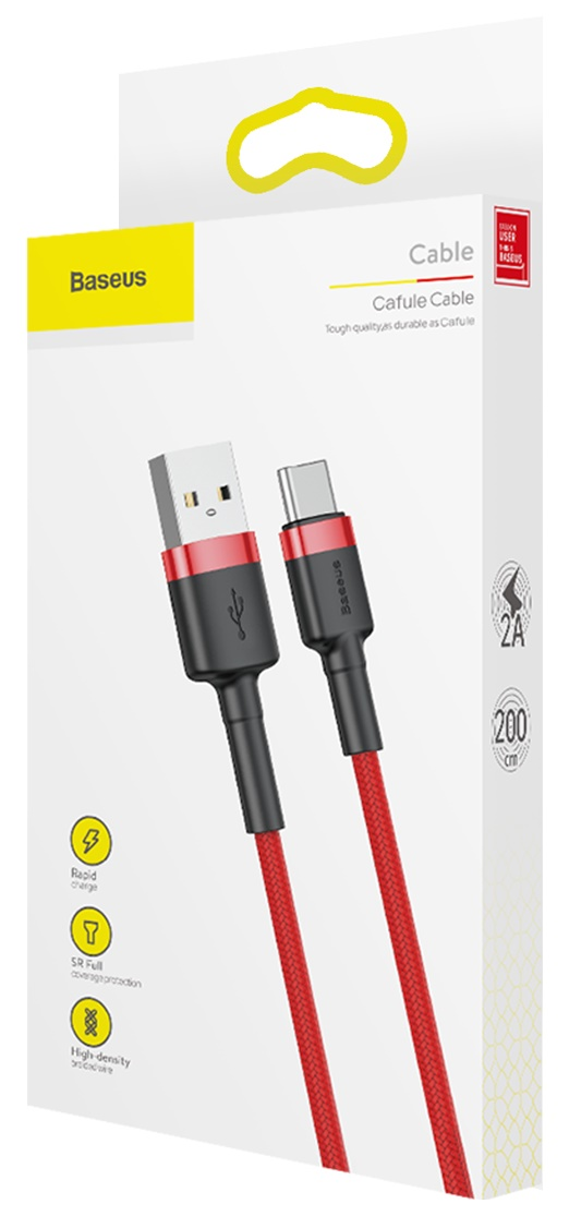 Fehér és sárga Baseus kábel doboz, piros USB-A-USB-C kábellel.