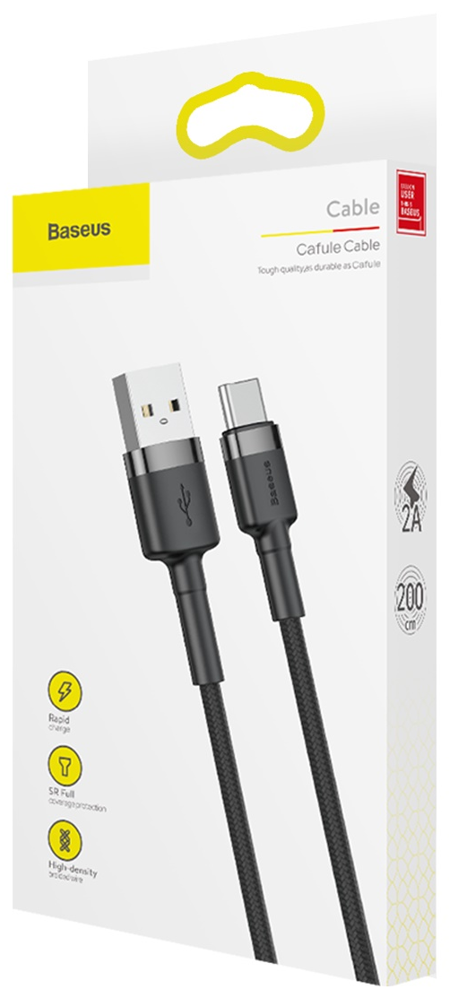 Baseus USB kábel csomagolásban. Fekete kábel USB és USB-C csatlakozóval. Fehér.