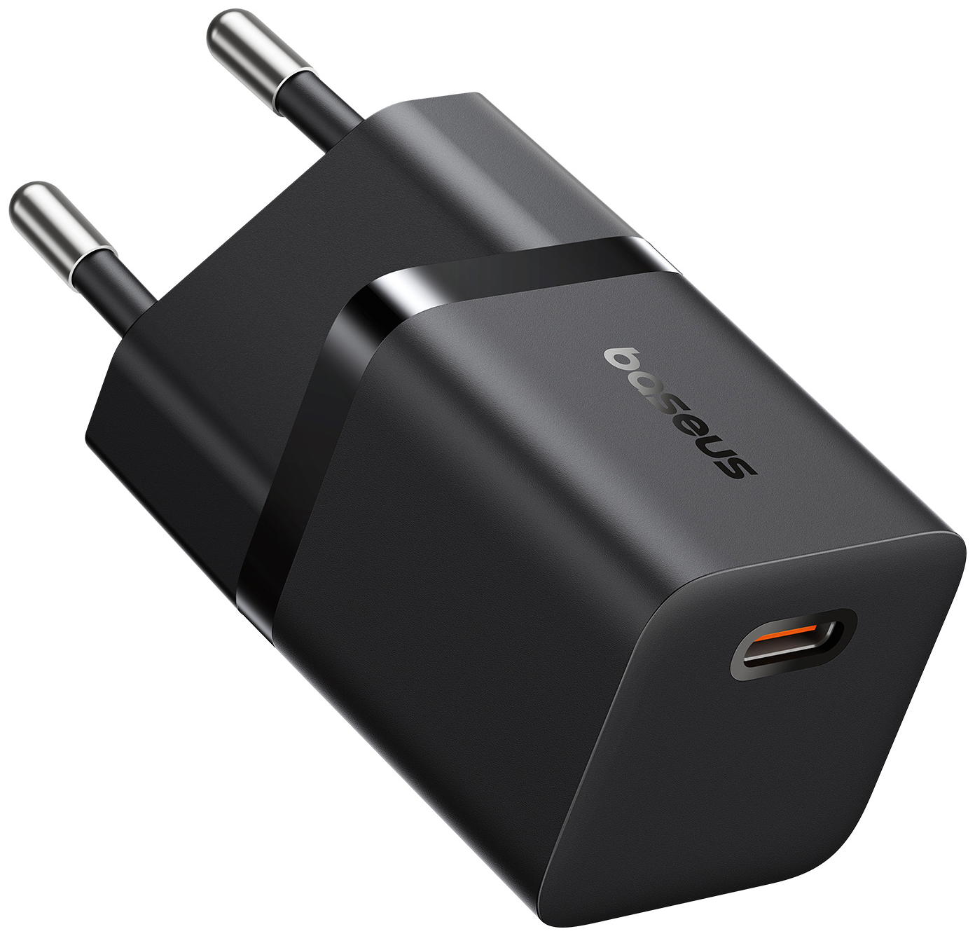Fekete Baseus töltő, téglalap alakú, USB-C port, ferde felvétel.