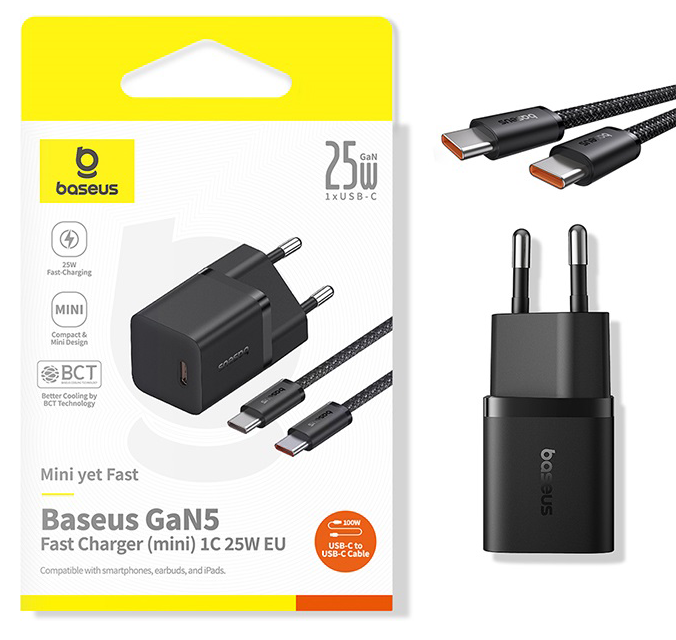 Baseus GaN5 gyorstöltő kábelekkel. Fekete töltő, fehér háttér. 25W.
