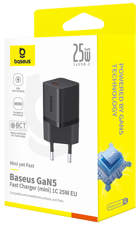 Baseus GaN5 gyorstöltő dobozban, fekete töltő dugóval és USB-C porttal.
