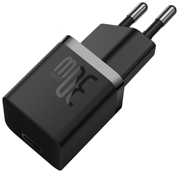 Egy fekete Baseus 30W-os töltő USB-C porttal és két csatlakozóval.