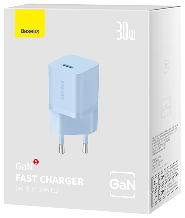 Világoskék Baseus GaN Fast Charger doboz, benne egy kék töltővel.