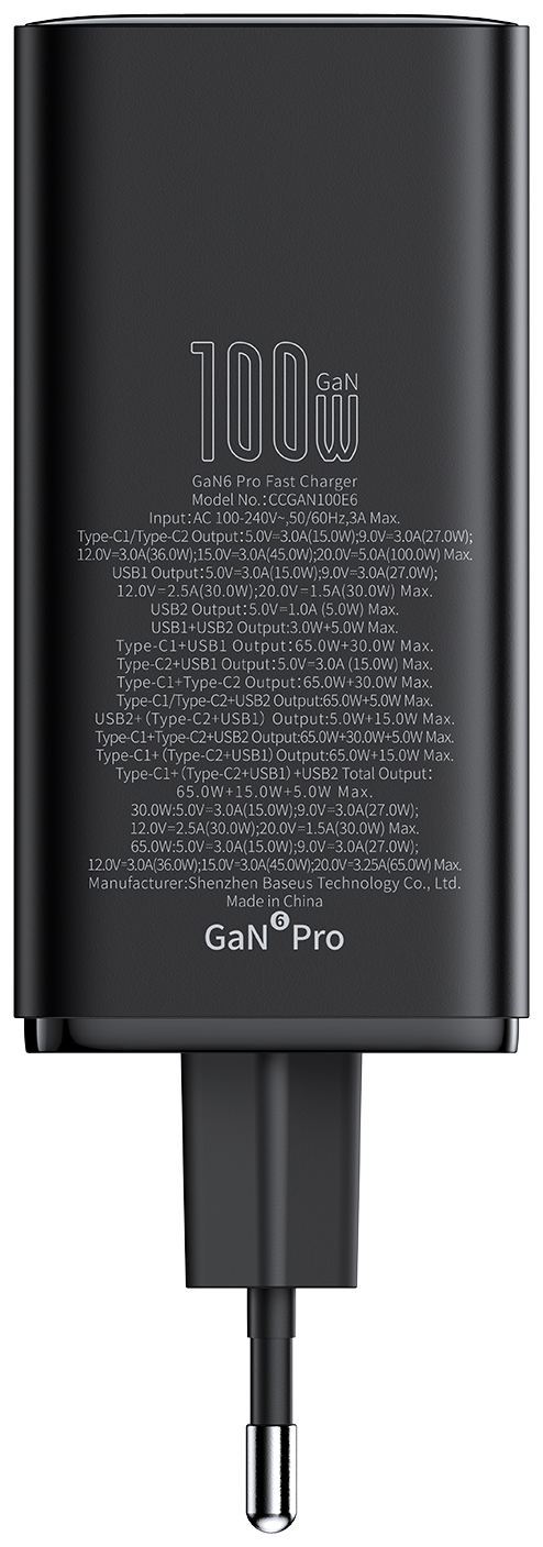 Fekete töltő, 100W GaN Pro felirattal. Dugóval és specifikációs listával.