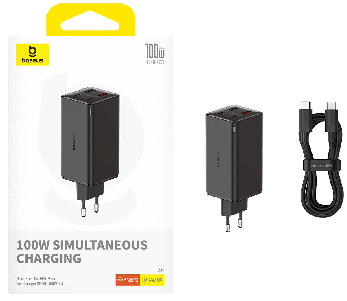 Fekete töltő egy dobozban. A dobozon a felirat: '100W Simultaneous charging'. USB portok vannak rajta.