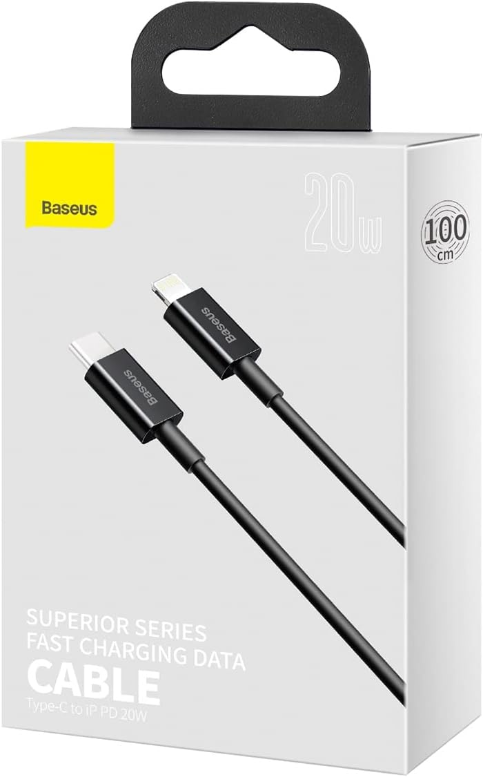 Dobozos fekete töltőkábel USB-C csatlakozókkal. Baseus márka, 20W, 100 cm.