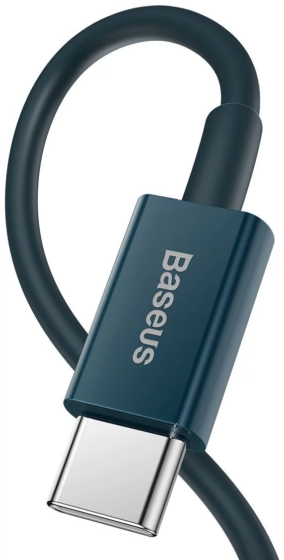Baseus USB-C kábel, türkiz színű, ezüst csatlakozó, fehér háttér.