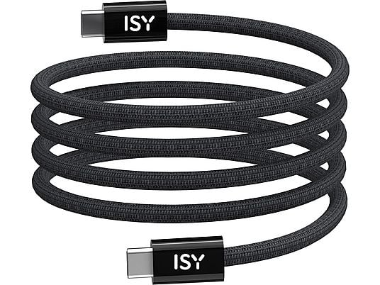 Czarny, zwinięty kabel USB-C z logo marki ISY na każdym złączu.