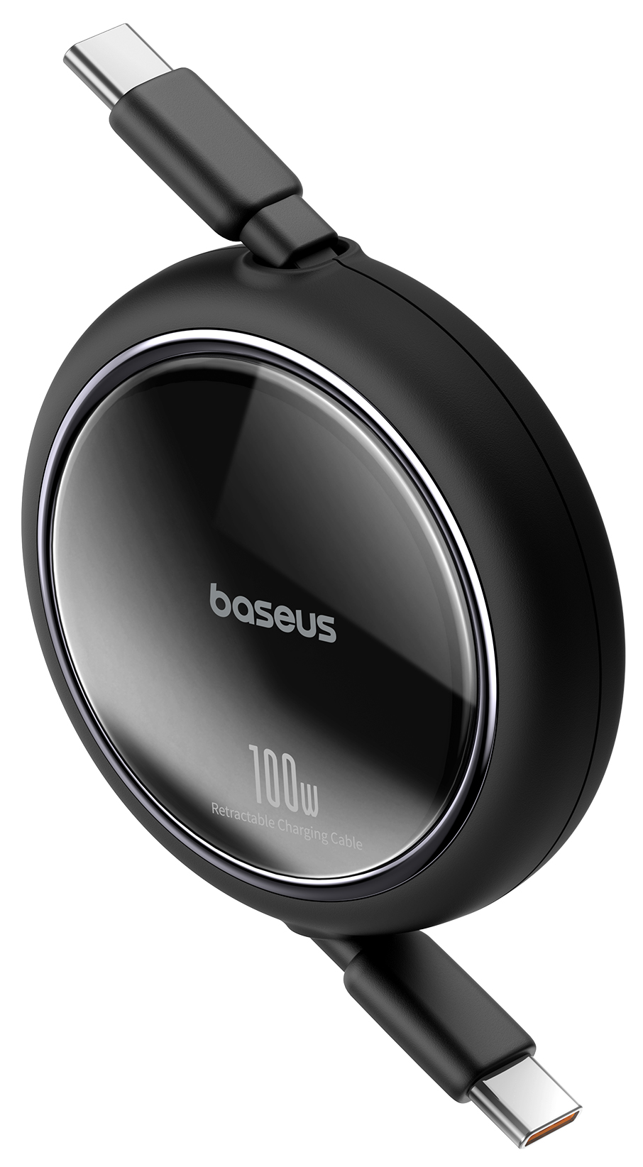 Fekete visszahúzható töltőkábel, 'Baseus' és '100W' felirattal.