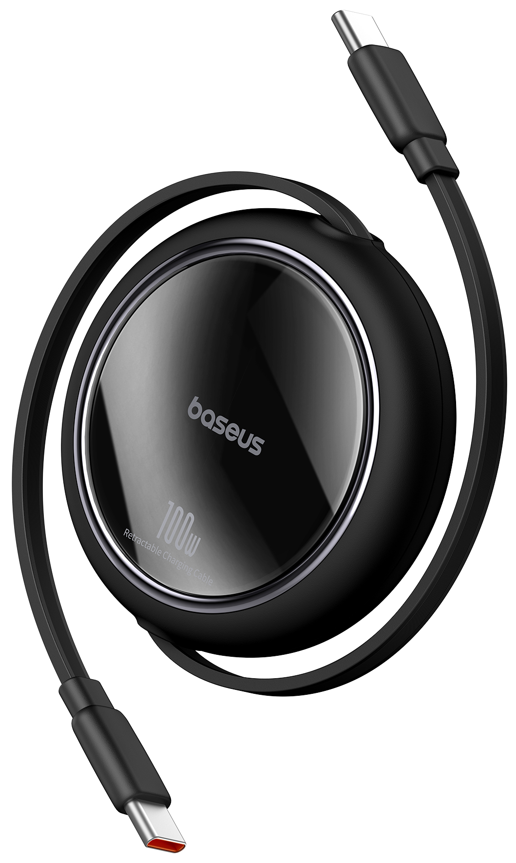 Fekete, visszahúzható 100 W-os töltőkábel, kerek fekete alappal és USB-C csatlakozókkal mindkét végén.