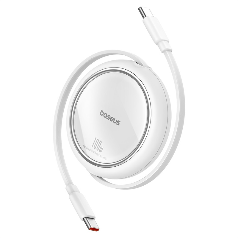 Fehér Baseus visszahúzható töltőkábel, fehér korong, két USB-C csatlakozóval.