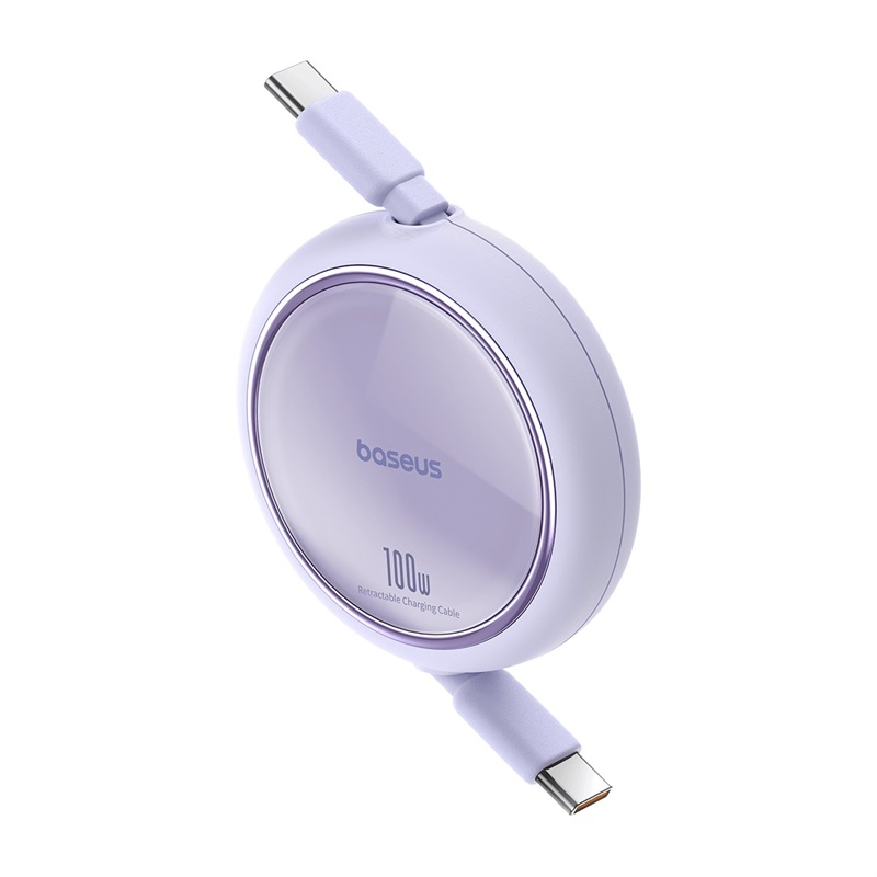 Visszahúzható lila töltőkábel két USB-C véggel, Baseus márkanévvel.