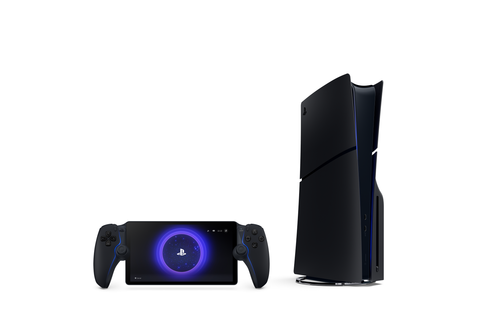 Konsola PlayStation 5 i jej urządzenie przenośne są wyświetlane na czarnym tle.