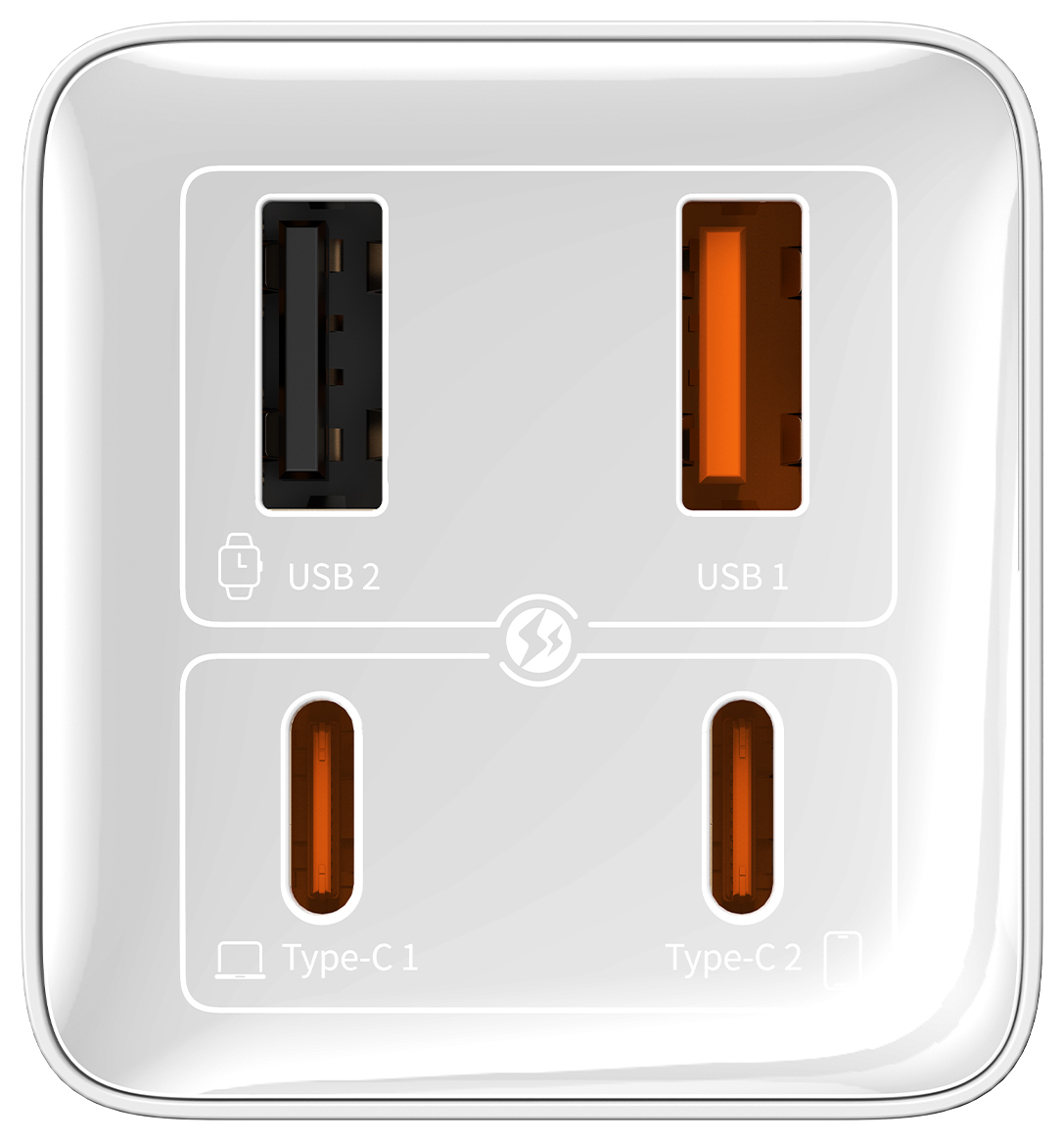 Fehér hálózati adapter két USB-porttal és két Type-C porttal, típusaikkal feliratozva.