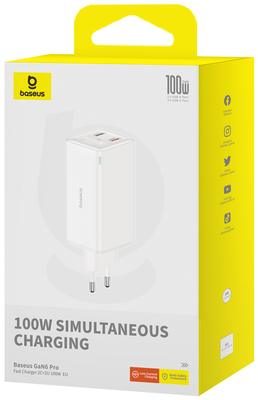 Fehér Baseus GaN6 Pro töltő sárga dobozban, töltési funkciókat és specifikációkat mutatva.