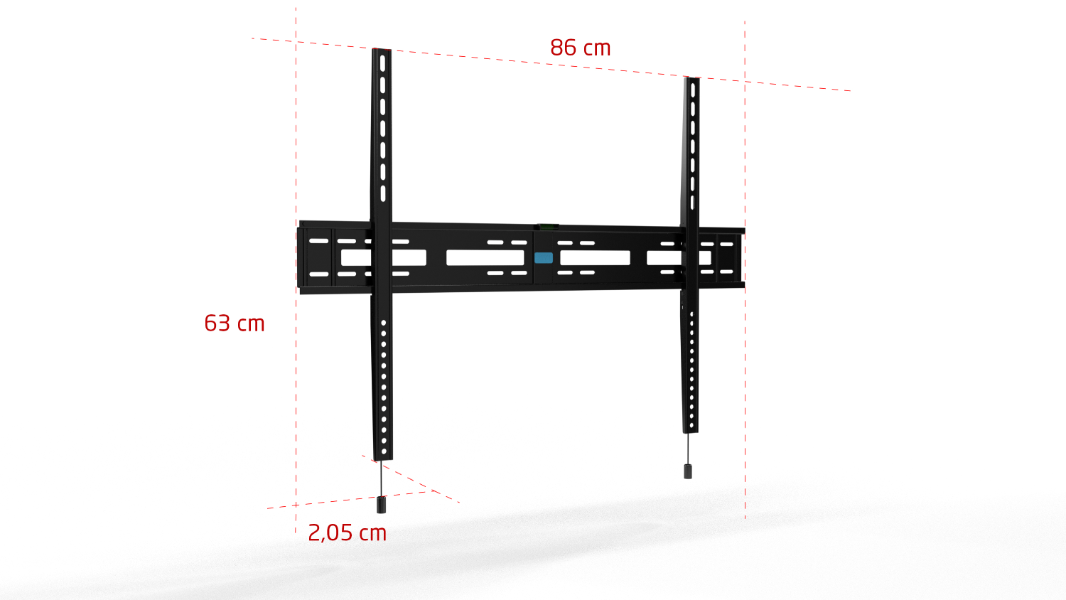 Un soporte de TV negro con dimensiones sobre un fondo blanco.