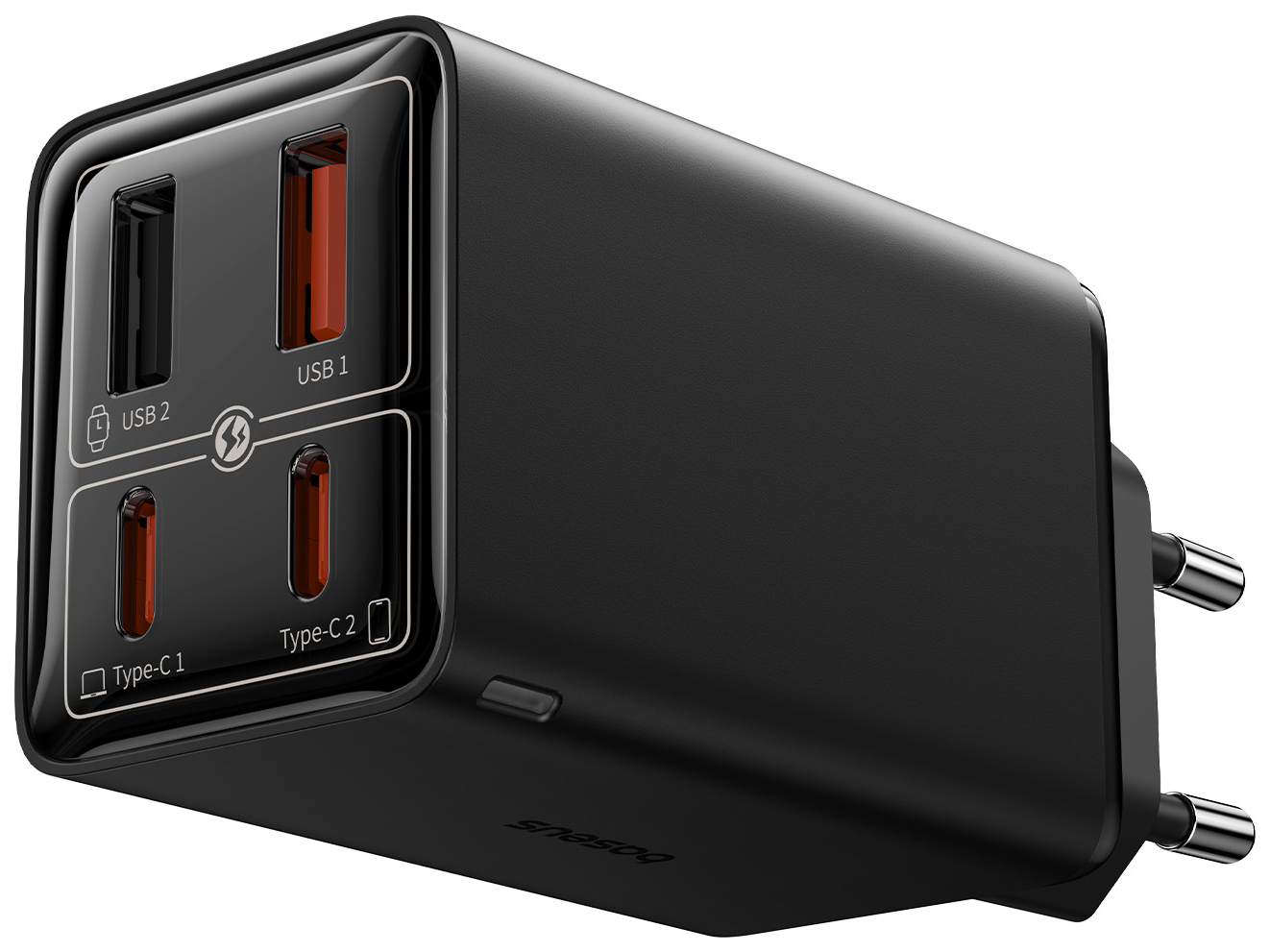 Fekete töltő USB és Type-C portokkal. Energiaindikátorokat mutat. Baseus márka látható.