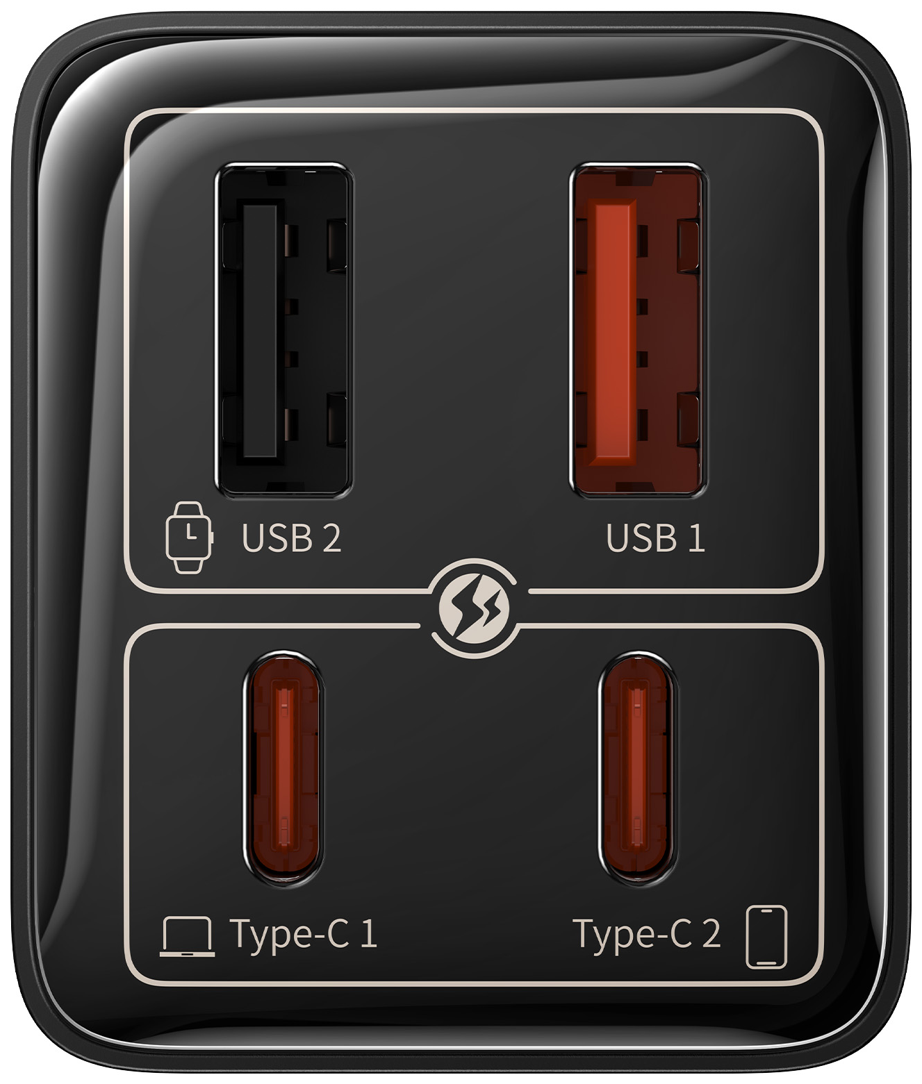 Fekete töltő USB portokkal, beleértve az USB 2, USB 1, Type-C 1 és Type-C 2 portokat.