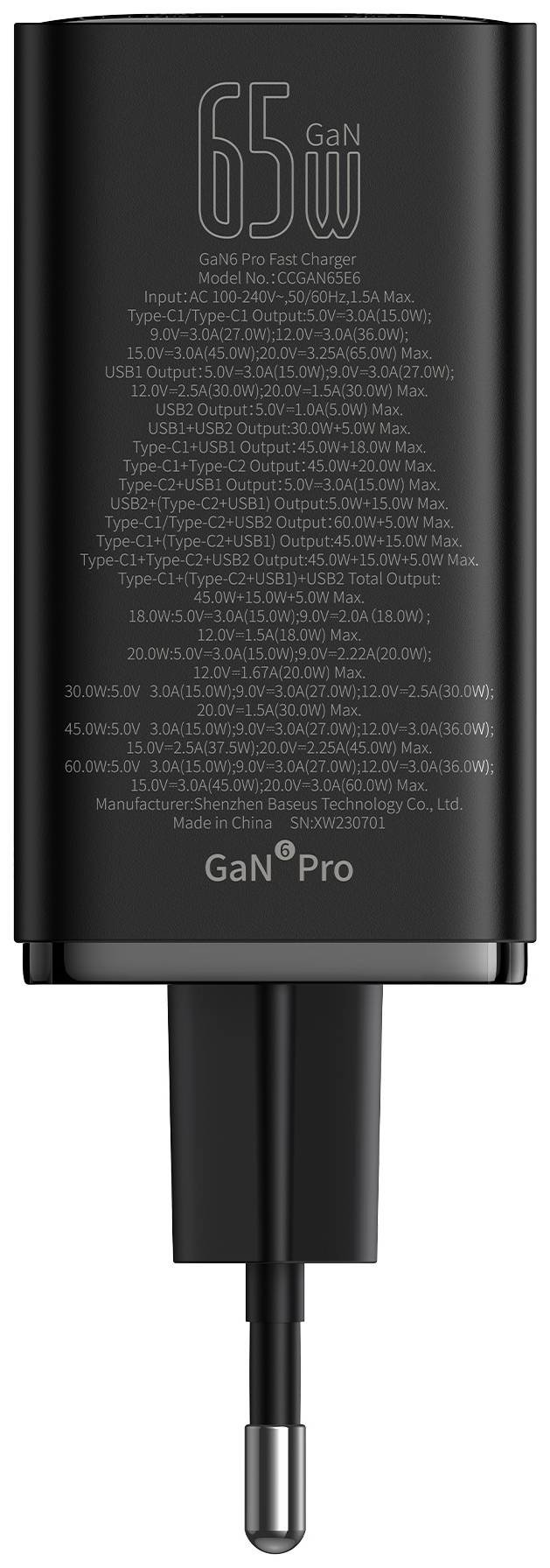Baseus 65W GaN Pro gyorstöltő. Fekete, töltési specifikációkkal.