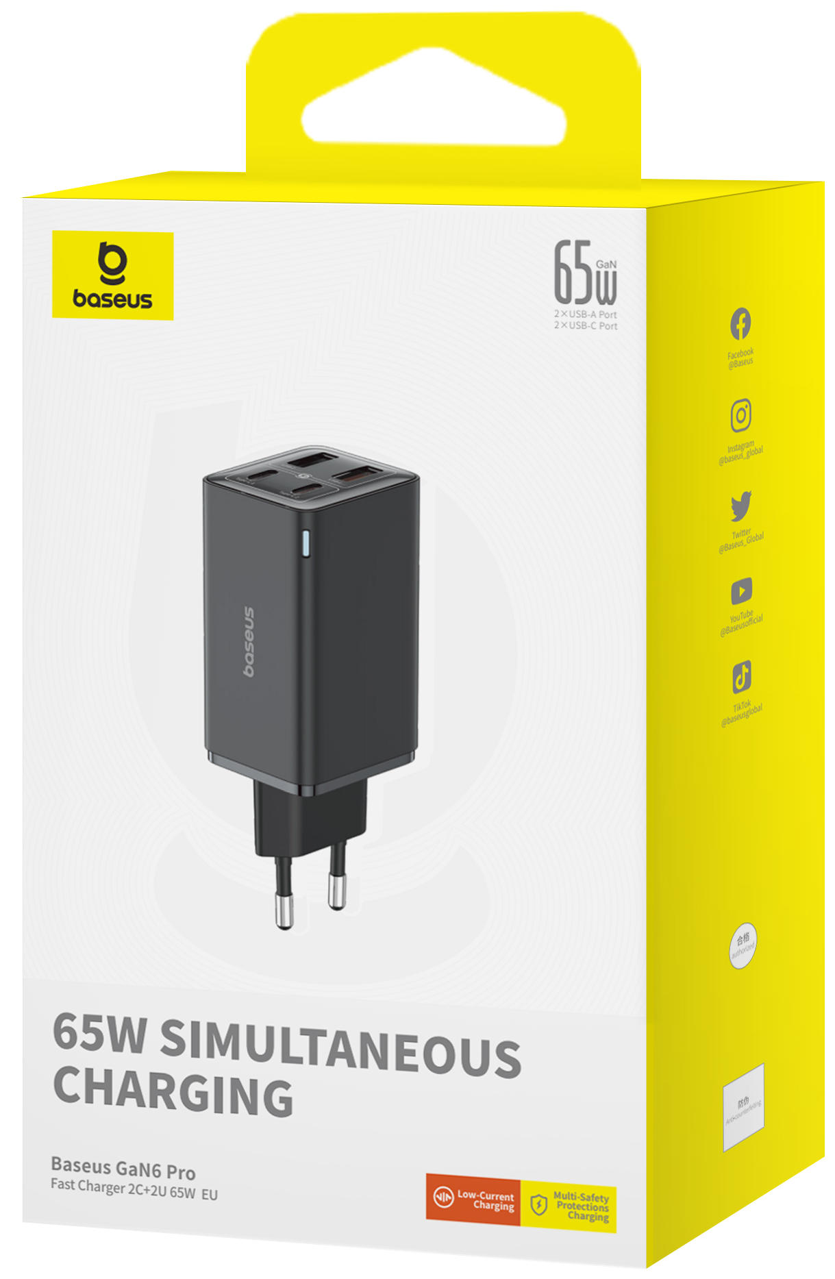 Sárga-fekete Baseus GaN6 Pro töltődoboz, 65W, több port.