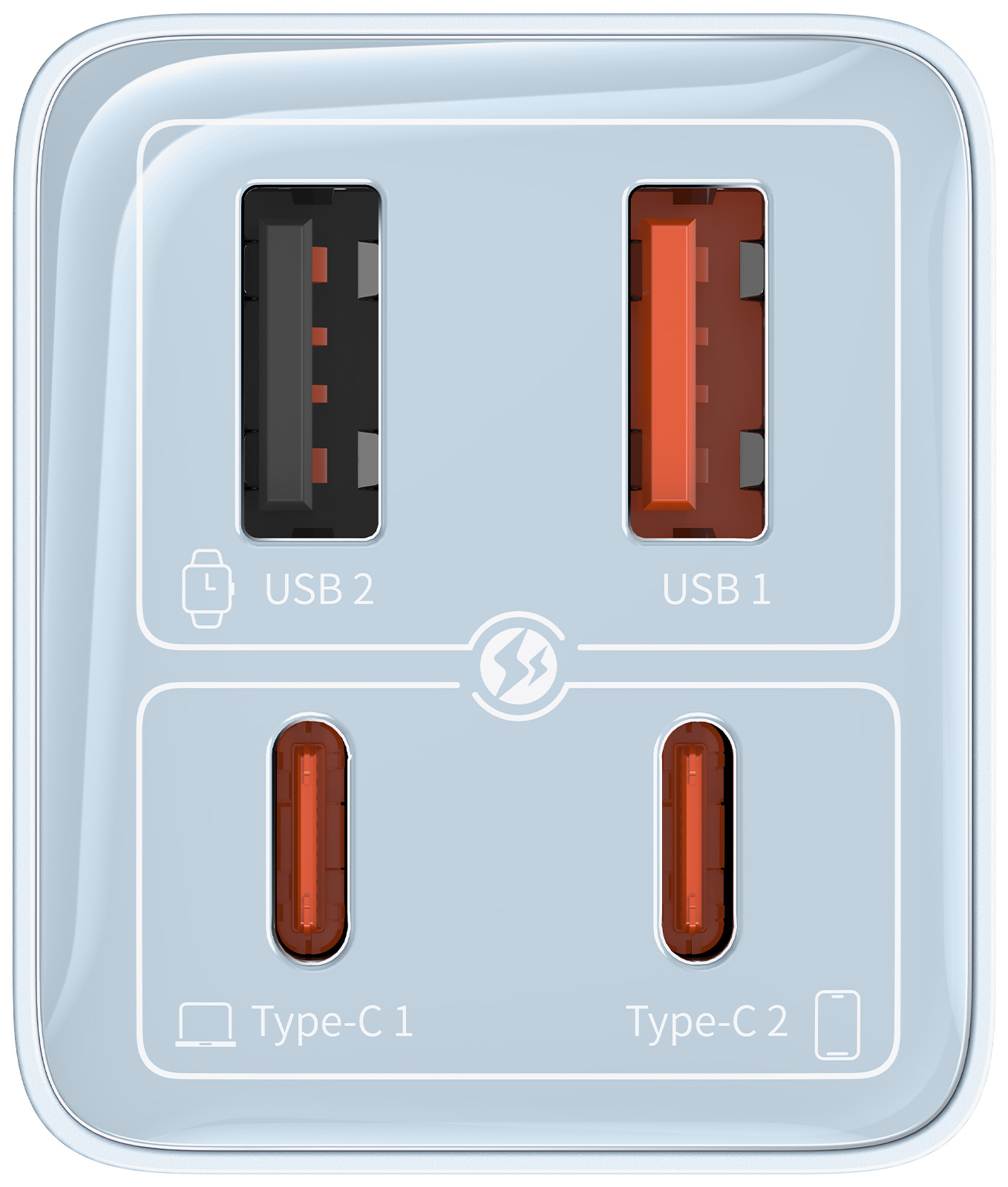 Egy töltő közeli képe. Két USB és két Type-C port látható. A töltő világoskék és fehér.