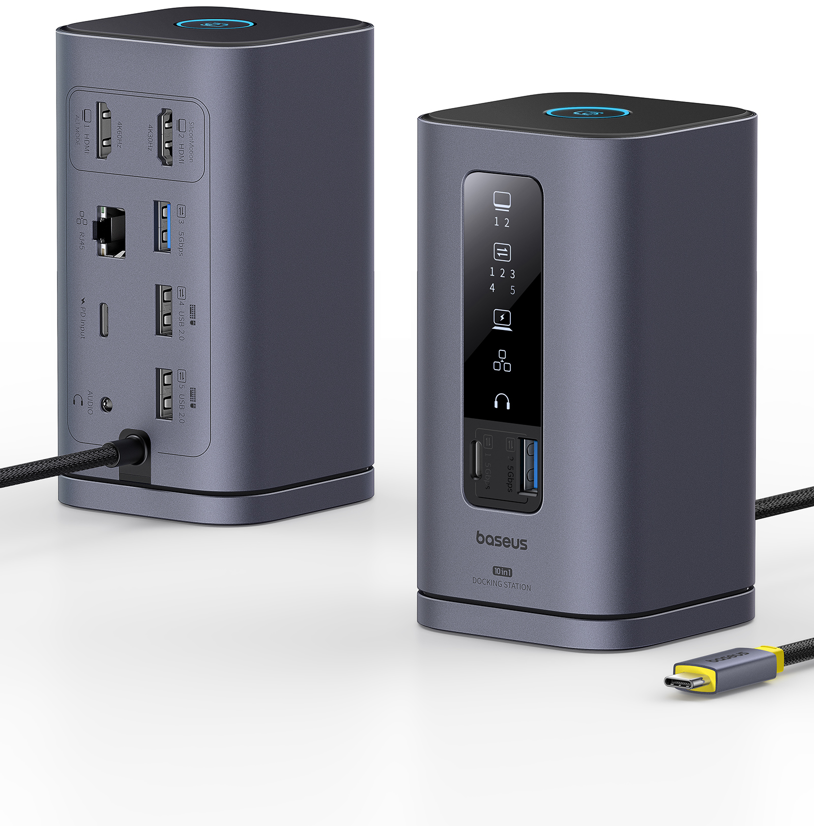 Sötétszürke dokkolóállomás több porttal, és egy USB-C kábellel. Baseus márka.