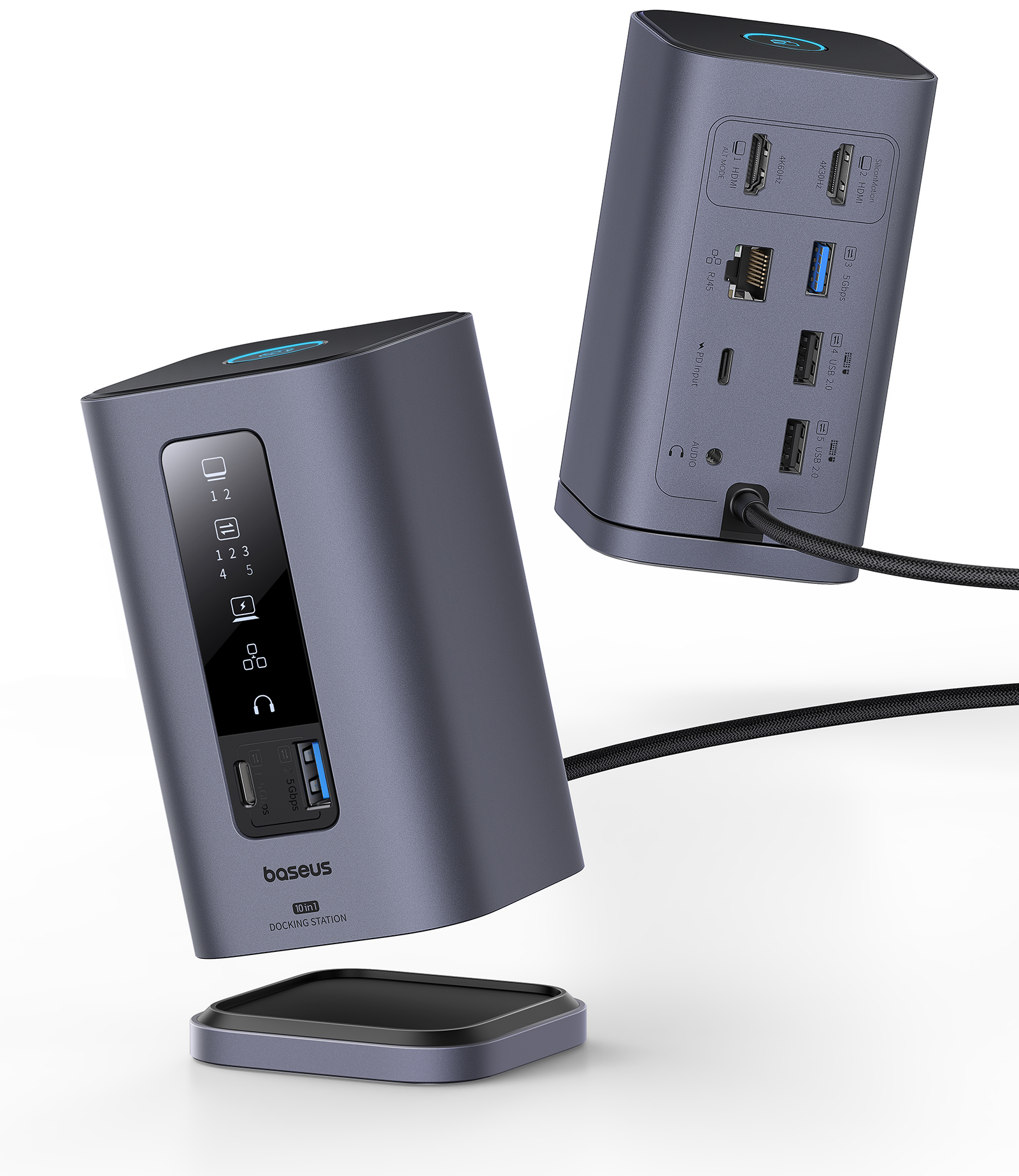 Fekete-szürke dokkoló állomás USB portokkal, ferde nézet, két különálló résszel.