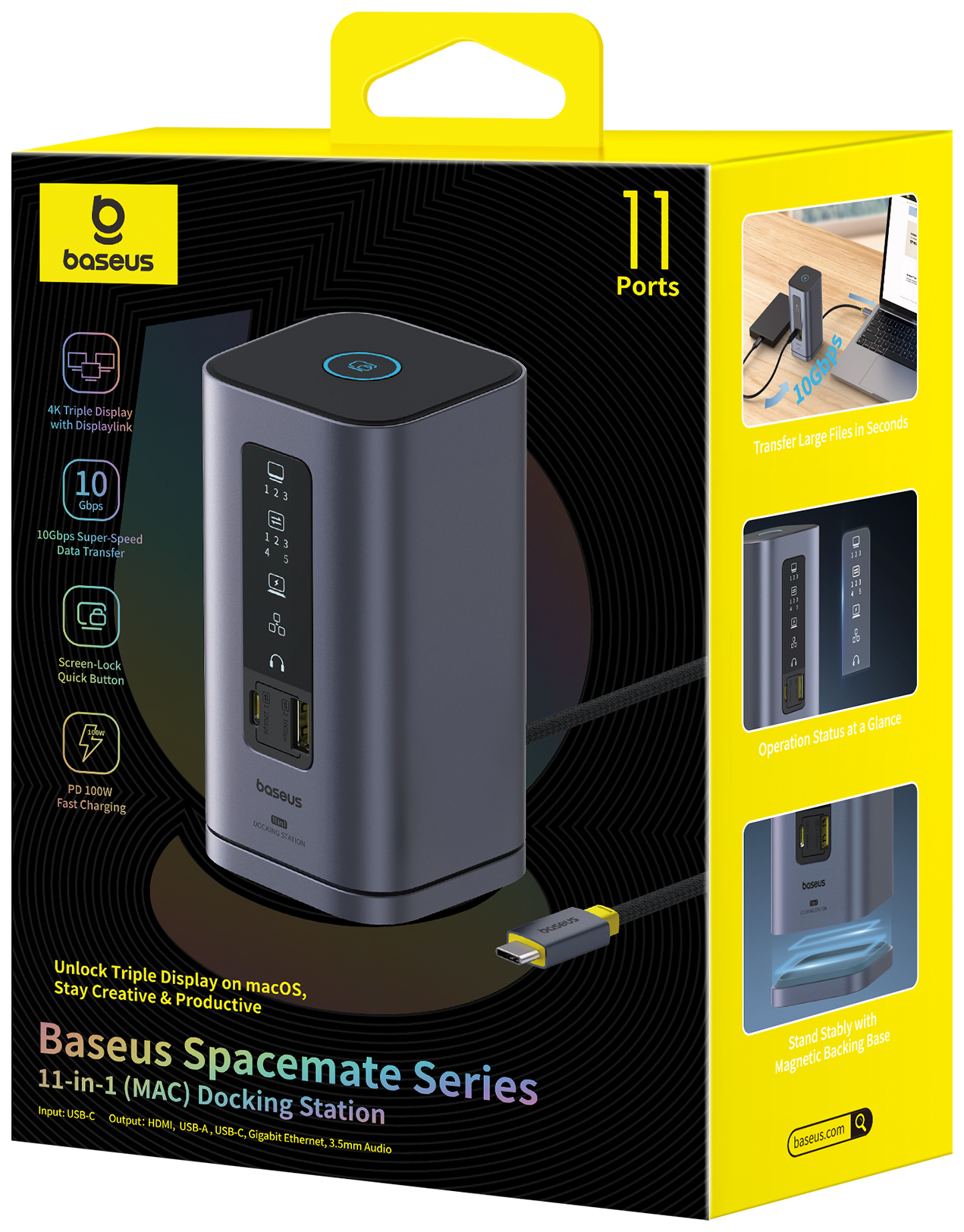 Baseus Spacemate 11 az 1-ben dokkolóállomás portokkal, doboz képekkel és laptop.