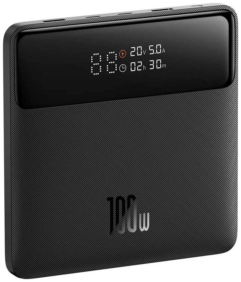 Egy fekete power bank digitális kijelzővel, amely 88%-ot, 20V 5.0A-t és 02h 30m-t mutat. 100W-ot jelez.