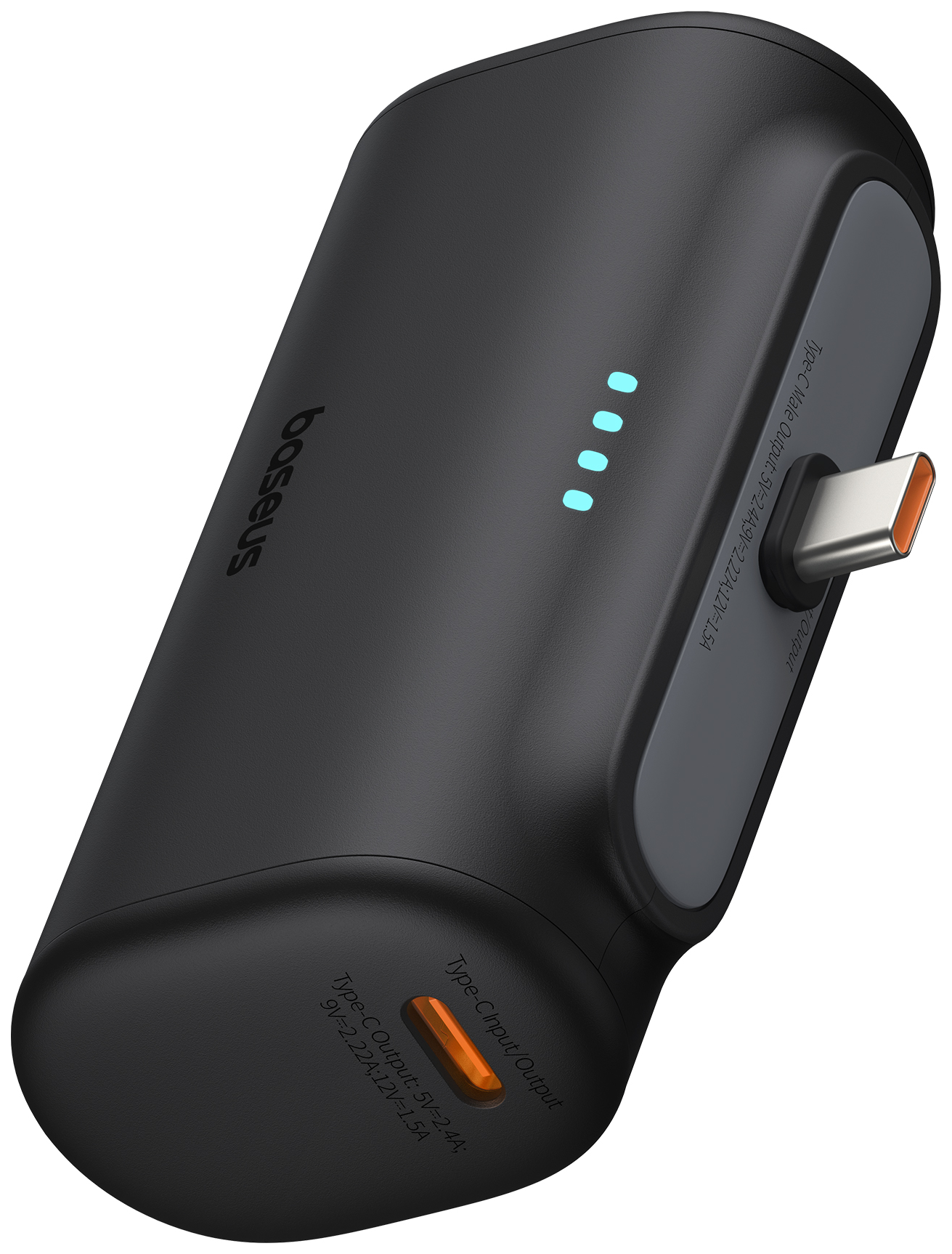 Fekete power bank kék jelzőfényekkel.